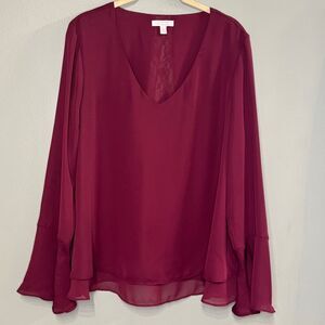LC Lauren Conrad Lace Back Bell‎ Sleeve Burgandy Maroon blouse Dress shirt XL